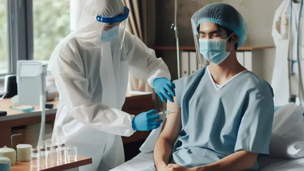 پرستاری لباس محافظ و ماسک پوشیده و به بیمار بستری دارو تزریق می‌کند.