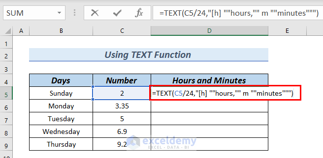 جدولی از داده ها در اکسل که فرمولی با استفاده از تابع تکست برای تبدیل عدد به ساعت در سلول اول ستون سوم جدول نوشته شده است.
