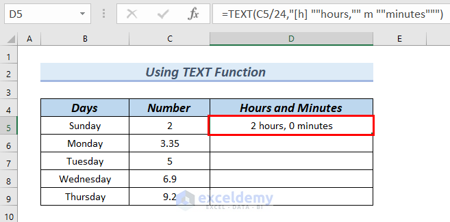 جدولی از داده ها در اکسل که فرمولی با استفاده از تابع تکست برای تبدیل عدد به ساعت در سلول اول ستون سوم جدول نوشته شده است.