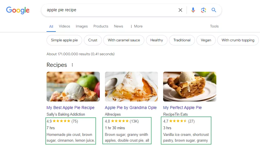 ریچ ریزالت پای سیب در گوگل با اسکیمای دستور پخت