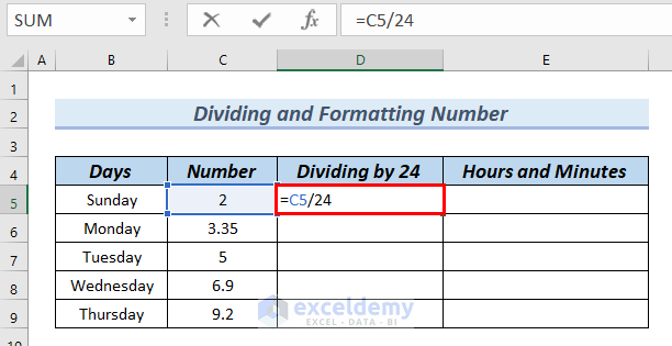 تقسیم اعداد بر ۲۴ برای تبدیل عدد به ساعت