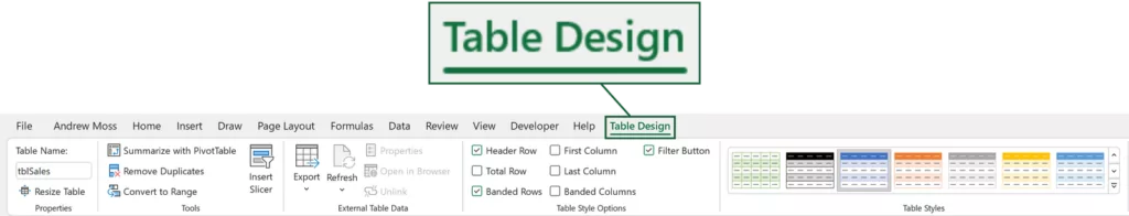 سربرگ دیزاین جدول در اکسل